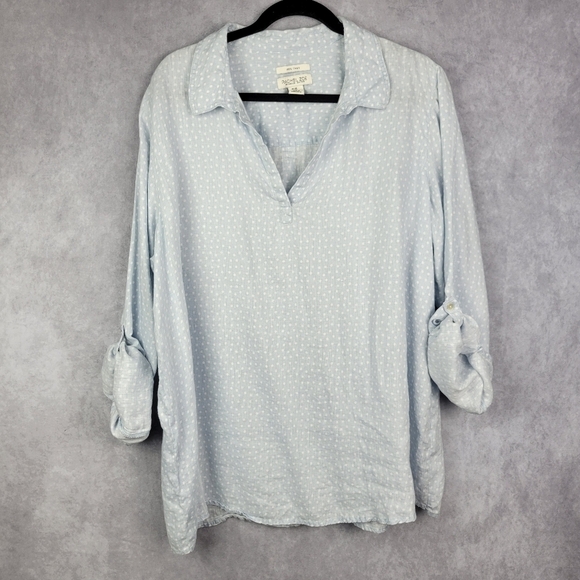 RACHEL ZOE Baby blue White Polka Dot Long Sleeve V-Neck neck Linen Top Tunic 3X‎ - Picture 2 of 11